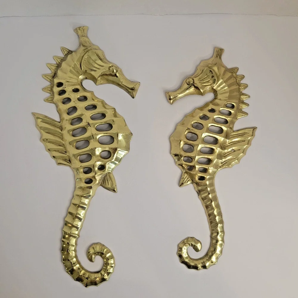 Vintage Solid Brass Sea Horse Wall Hangings Pair 14” & 12” Japan